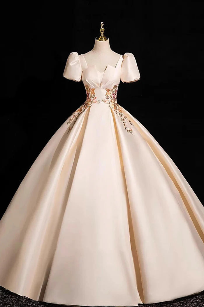 Champagne Satin Lace Long Prom Dress, Elegant A-Line Short Sleeve Party Dress